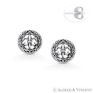 Fleur-De-Lis Flower Charm & Circle Stud Earrings in .925 Sterling Silver